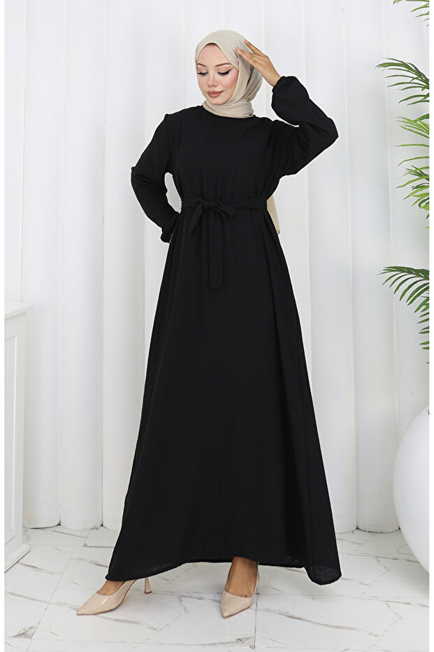 Belted Elastic Sleeve Dress 2153-01 Black