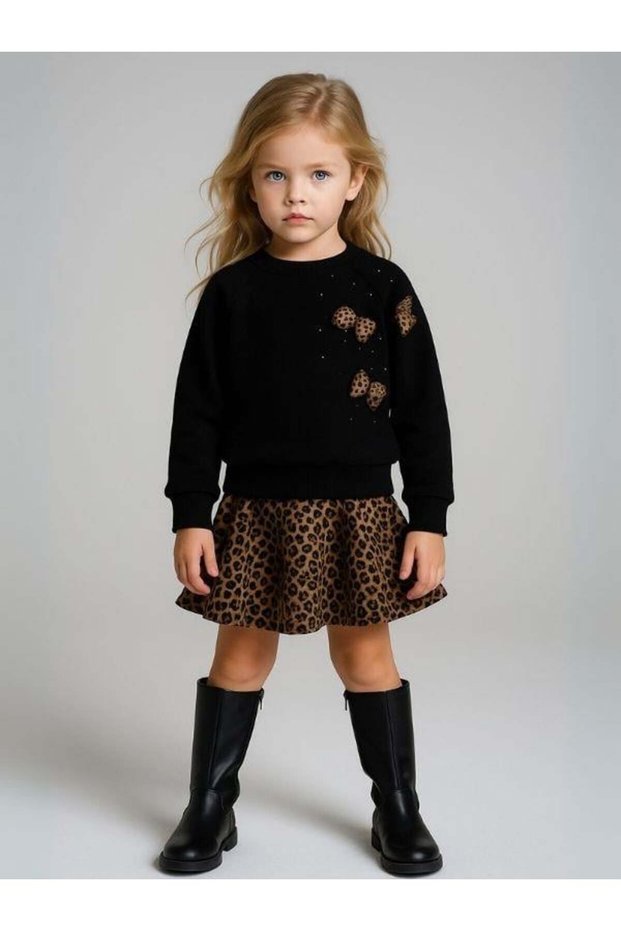 Girl's Leopard Bow Detailed Sweatshirt