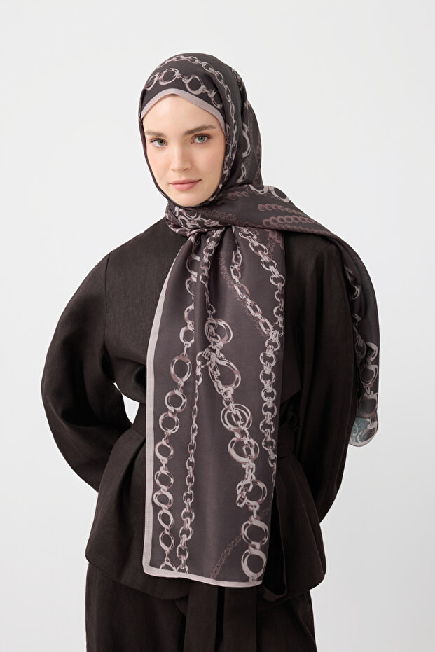 شال قطني من نسيج التويل خط حلقي بني اللون - 1