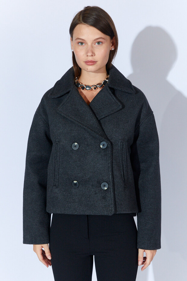 Four Button Diagonal Short Cashmere Double Breasted Coat - Anthracite