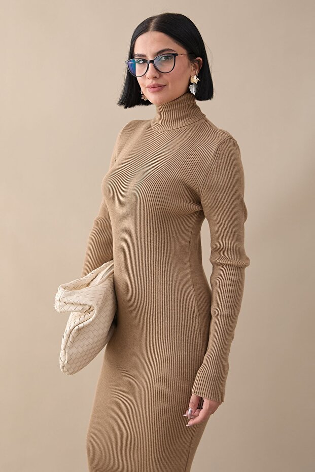 Fitilli Triko Elbise Camel - 6