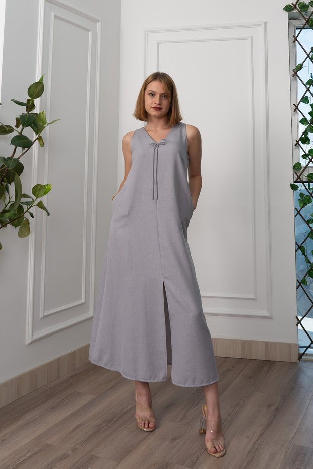 Women's Summer Gray Melange V-Neck Spaghetti Strap Detailed Slit Long Dress Stylish Daily Casual Dusty Rose 50324