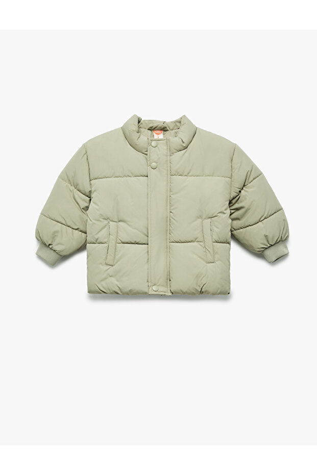 Long Sleeve Pocket Cotton Lined Stand Collar Puffer Coat