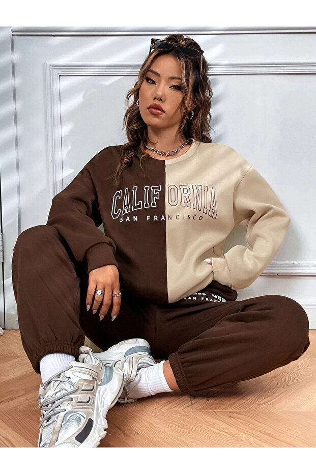 Plus Size Unisex California SF Printed Brown-Beige Piece Crew Neck 3 thread Tracksuit Set