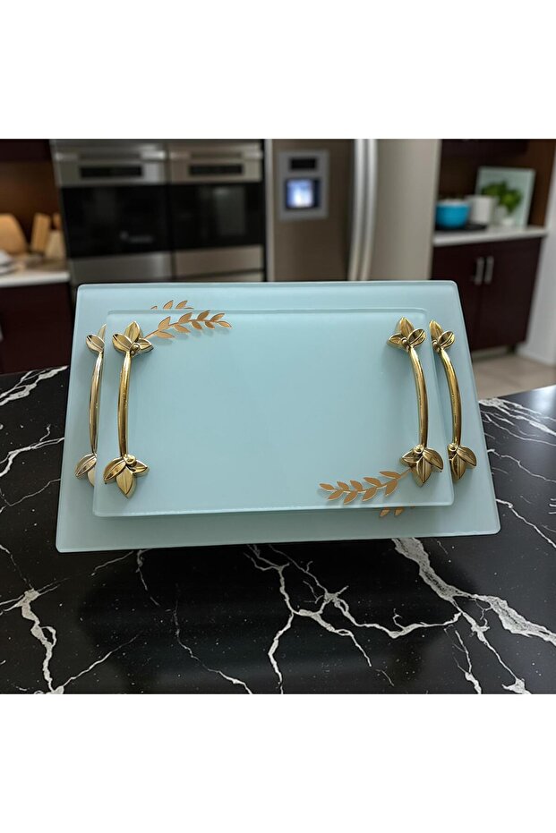 2-Piece Promise or Engagement Ring, Gold-Silver Leaf-Shaped for Coffee Serving. Square-Hexagonal Shaped Glass Tray