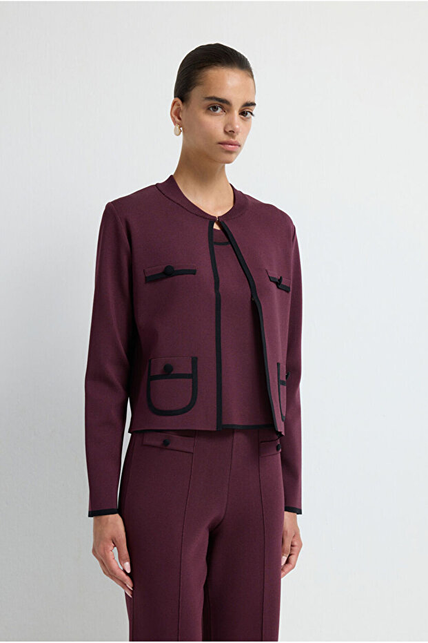 Şerit Detaylı Triko Hırka - 5