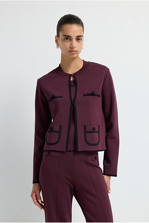 Şerit Detaylı Triko Hırka - 1