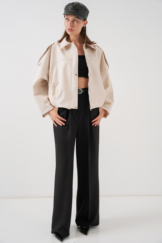Kadın Oversize Deri Ceket 1055 - Ekru - 2