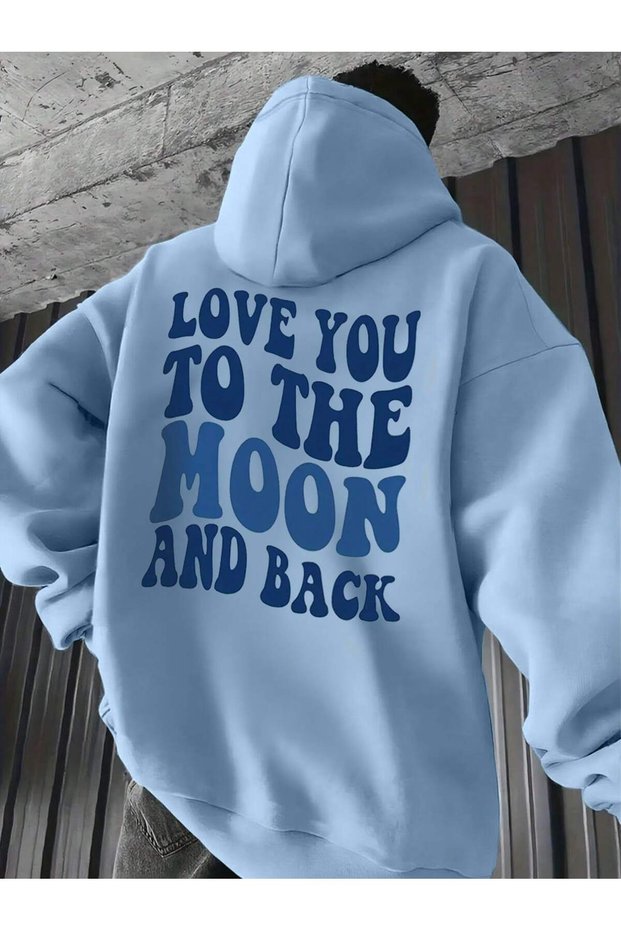 To the Moon Printed Oversize Kangaroo Pocket Baby Blue Hooded Sweatshirt Hoodie