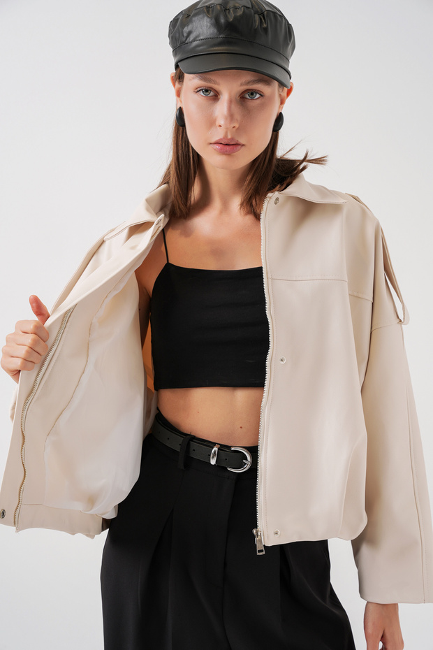Kadın Oversize Deri Ceket 1055 - Ekru - 4