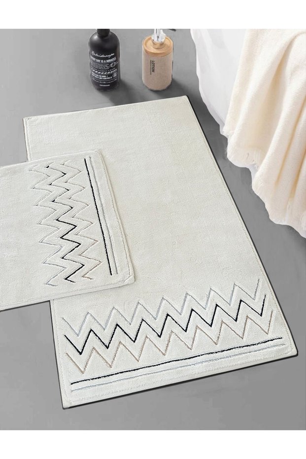 Zigzag Beige Embroidered 2-Piece 100% Cotton Bath Rug Set, Non-Slip Base, Washable