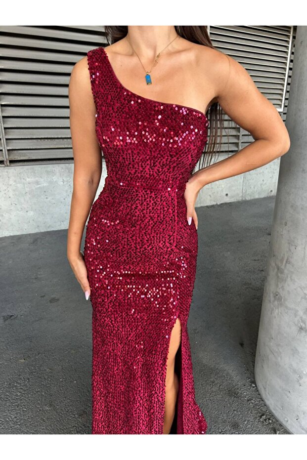 Kadın Kadife Kumaş Tek Omuz Yırtmaçlı Sırt Detay Astarlı Pullu Maxi Abiye Elbise - 2