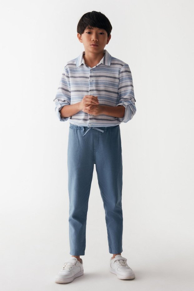 Boy's Elastic Waist 100% Cotton Linen Trousers 66324 Indigo