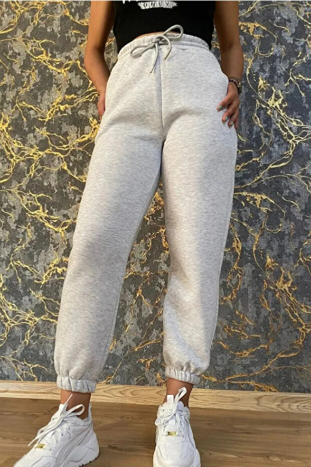 Women's Gray Winter Cotton Elasticated Leg Sweatpants - Gray