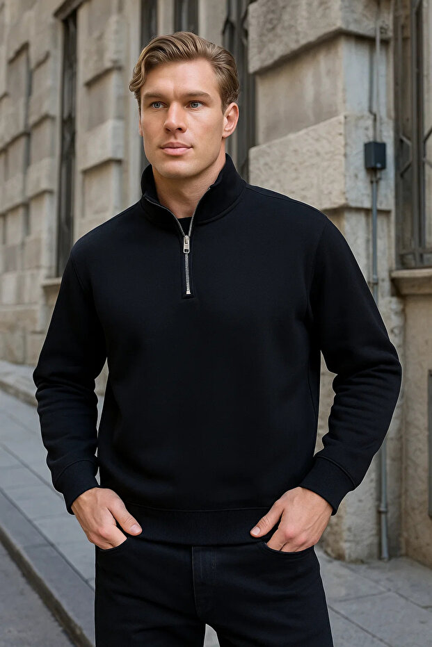 Men's Half Zipper Loose Black Sweatshirt