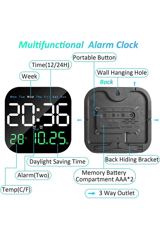 ساعة حائط رقمية، ساعة رقمية LED مقاس 9 بوصات مع جهاز تحكم عن بعد - 3