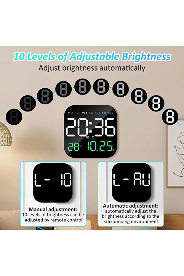 ساعة حائط رقمية، ساعة رقمية LED مقاس 9 بوصات مع جهاز تحكم عن بعد - 5