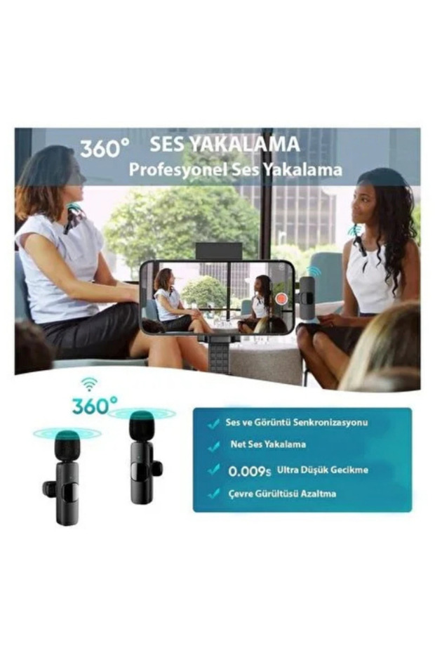 Kablosuz Yaka Mikrofonu 2'li Wireless Mikrofon Seti – Type-C, 3.5mm – YouTube, Canlı Yayın, Röportaj - 7