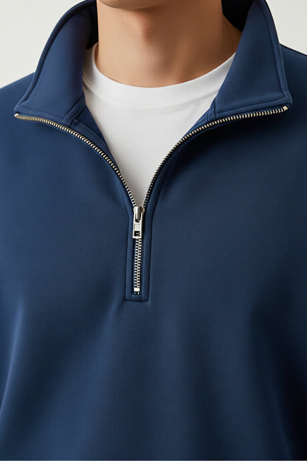 Men's Basic Blue Half Zip Sweatshirt - 3