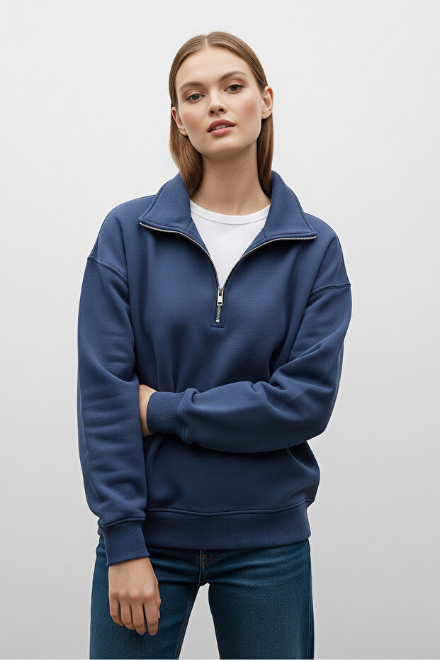 Men's Basic Blue Half Zip Sweatshirt - 5