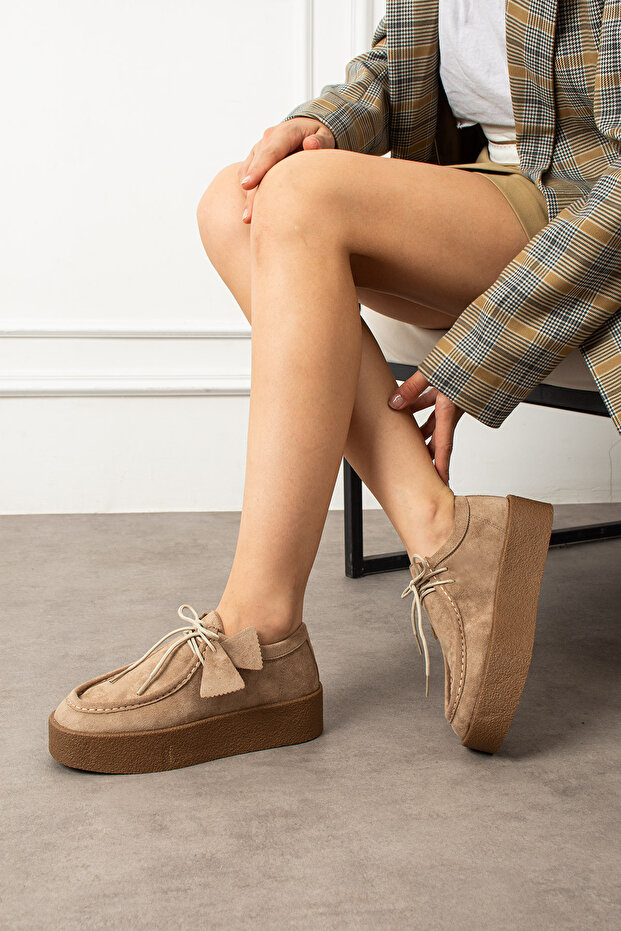 Vizon Süet Bağcıklı Kalın Taban Kadın Loafer Ayakkabı - 2