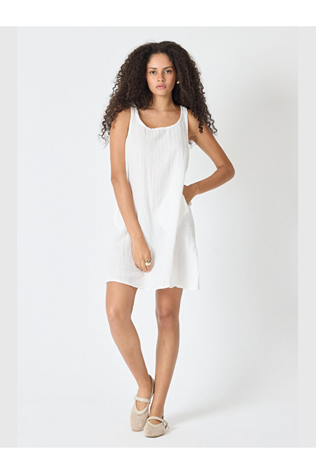 Women's Muslin Linen Sleeveless Above-Knee Dress with Side Pockets Comfortable Fit