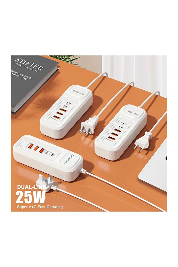 Masaüstü Çoklu Şarj Aleti 25W 3 USB 2 Type-C Port PD QC Hızlı Şarj Hub Adaptör - 6