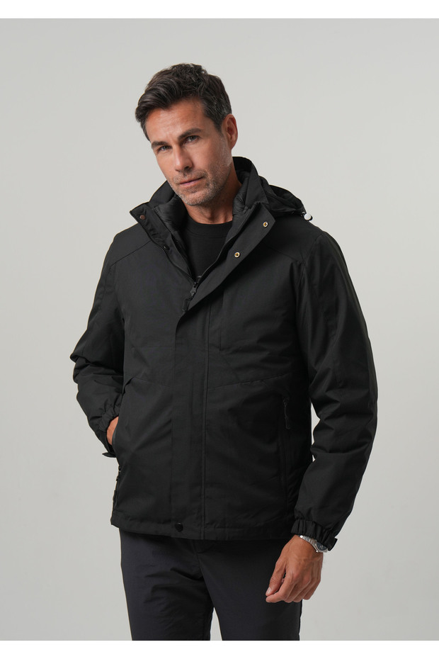 Men's Black Coat Water Repellent Raincoat, Puffer Jacket, Thick Coat 3 in 1 Coat Set