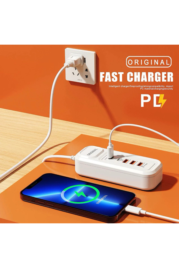 Masaüstü Çoklu Şarj Aleti 25W 3 USB 2 Type-C Port PD QC Hızlı Şarj Hub Adaptör - 1