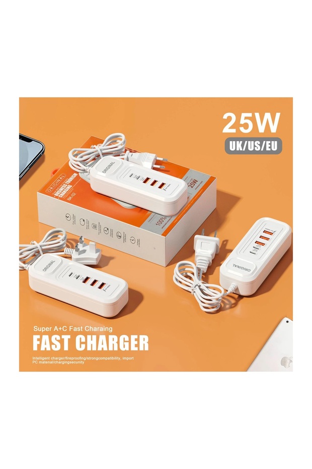 Masaüstü Çoklu Şarj Aleti 25W 3 USB 2 Type-C Port PD QC Hızlı Şarj Hub Adaptör - 2