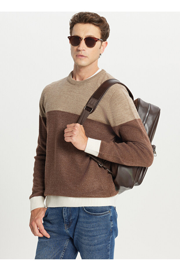 Crew Neck Standard Brown - Beige Men's Sweater Ace049261480_Khj