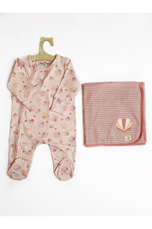 Pink Girls’ Set – One-Side Zip Pyjama Romper & Reversible Swaddle Blanket