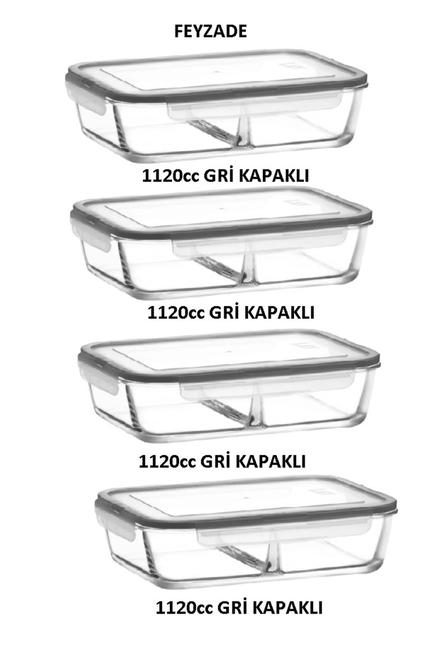 Feyzade Fresh Two-Section Interlocking Glass Storage Container Set of 4 1120Cc Rectangular (Frs-297) Gray Lid