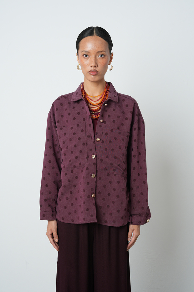 Women's Burgundy Color Double Pocket Polka Dot Patterned Shirt - Jacket