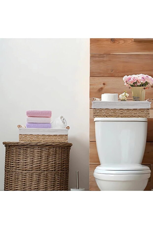 Set of 2 Woven Storage Baskets with Washable Liners, Rectangular Rattan Bins with Handles - 7