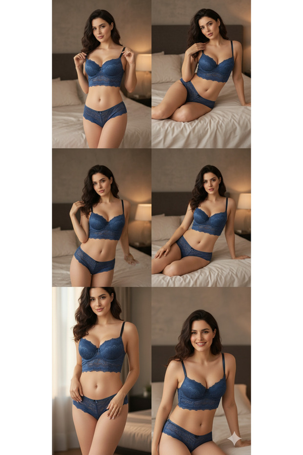 Padded Supported B Cup Adjustable Straps Stylish Night Lace Bra Panty Lingerie Set