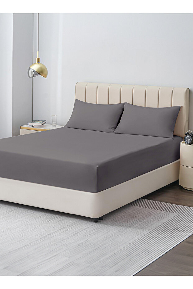 Double Plain Fitted Elastic Bedsheet with 2 Pillow Case 160 x 200 Cm GREY
