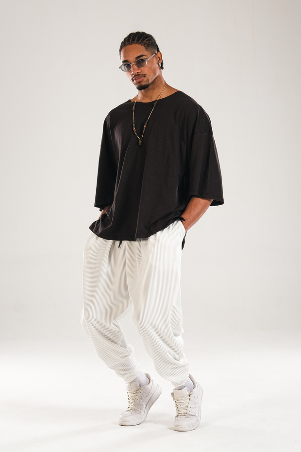 Men's Corded Fabric Pleated White Comfortable Fit Baggy Trousers Coc1126