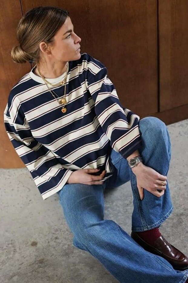 Navy Blue Crew Neck 100% Cotton Striped Long Sleeve T-Shirt Sh313
