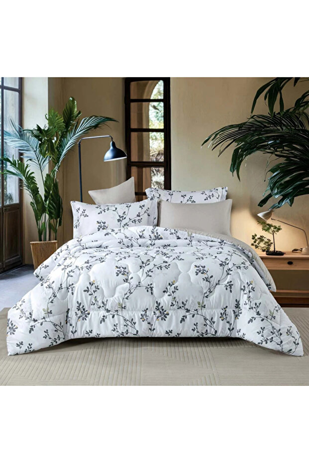 مفرش نوفا مزدوج أبيض و رصاصي فاتح ملمس ناعم برسومات الزهور يناسب سرير 200X200سم عدد القطع 6