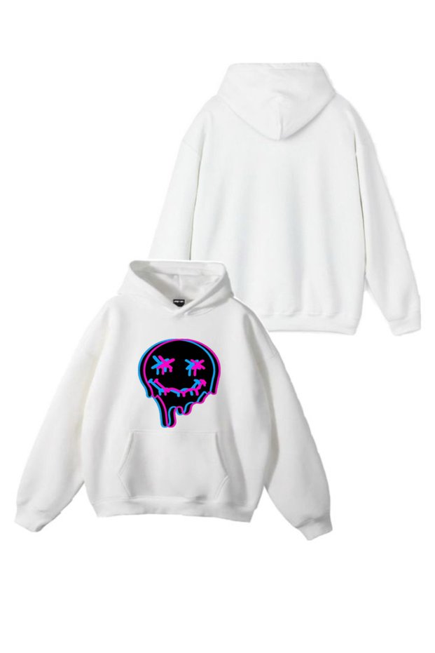 New Season Colorful Smiling Face Printed 3 Yarn Cotton Hooded Sweatshirt