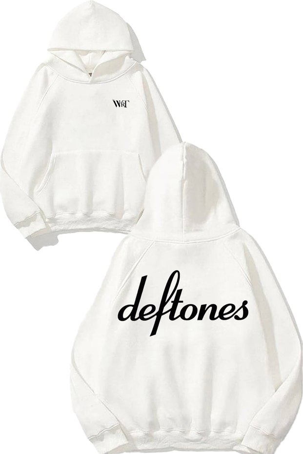 سويت شيرت أبيض بقلنسوة مطبوع عليه تصميم Deftones 17
