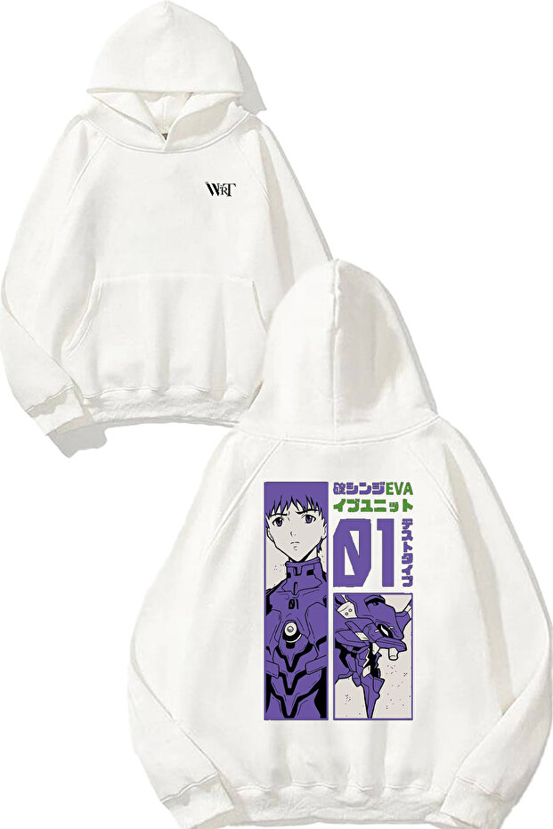 Neon Genesis Evangelion 3 Design Back Printed White Hooded Sweatshirt