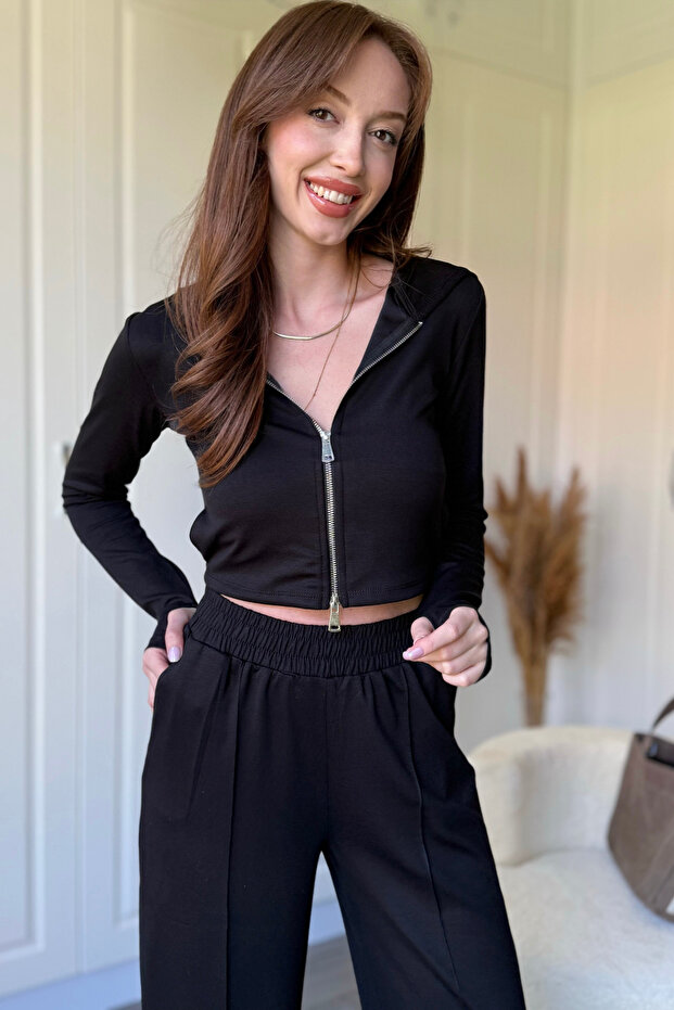 Hooded Zippered Black Crop Cardigan Modal Fabric Set