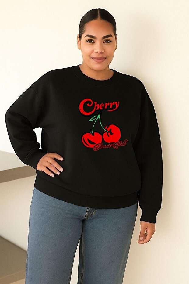 3 Yarn Combed Cherry Printed Plus Size Unisex Sweatshirt