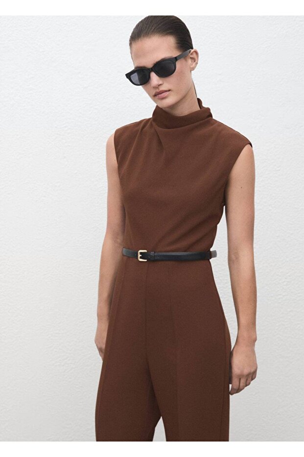 Drape yaka kemerli tulum - 1