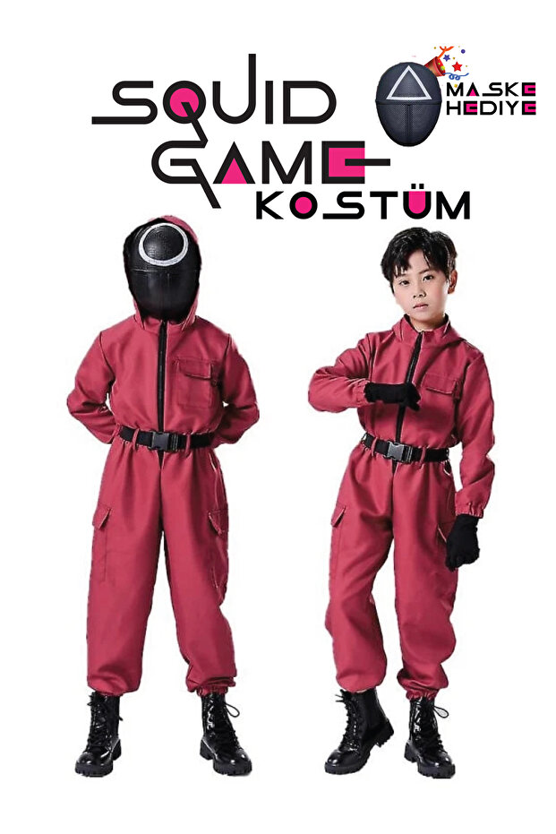 Squid Game Çocuk Kostümü - Squid Game Temalı Kostüm Kemerli ve Maskeli - 1