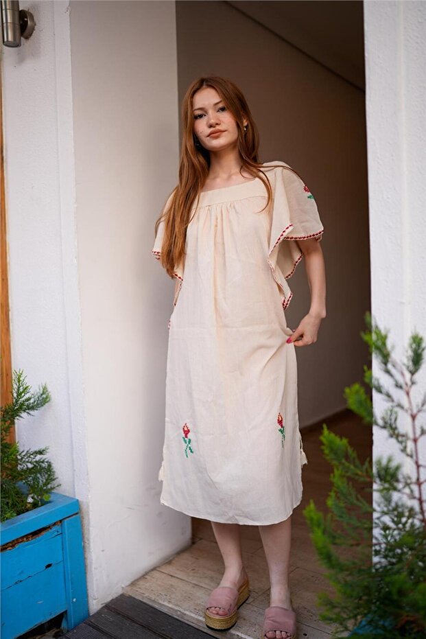 Cream Color Red Embroidered Floral Patterned Şile Cloth Dress