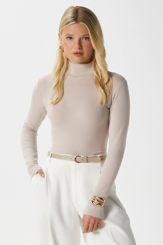 Kadın Feel Lux Touch Dik Yaka Bej Uzun Kol Soft Bluz - 1