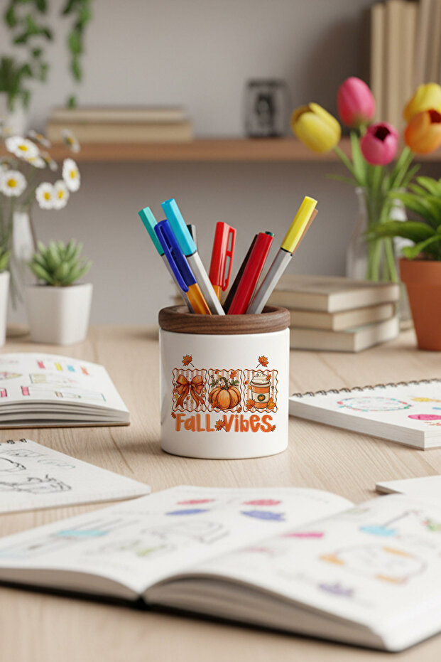 منظم سطح المكتب من السيراميك المطبوع عليه Hello Fall Vibes